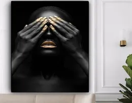 Черная рука Золотая губа Африканская женщина Холст Картина Боди-Арт Плакаты и принты Абстрактная настенная картина для гостиной Домашний декор2113211