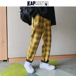 Calças masculinas kapments streetwear amarelo xadrez homens corredores homem casual reto harem coreano hip hop faixa plus size 231025
