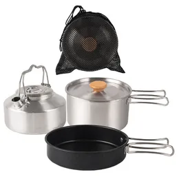 Acampamento cozinha conjunto de panelas de acampamento de aço inoxidável fogueiras panela panela e chaleira combos kits com saco de armazenamento ao ar livre cozinhar conjunto 231025