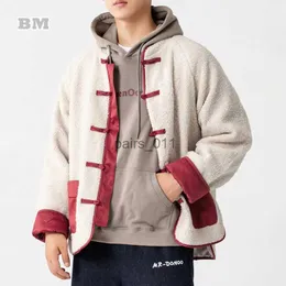 Men's Jackets Chinese Style Contrast Color Lamb Wool Coat Winter Warmth Fleece Tang Suit High Quality Plus Size Retro Jacket Men Clothing YQ231025