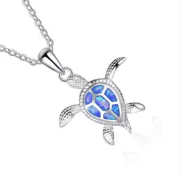 Animal tartarugas pingente colar natural azul opala mar feminino jóias liga prata elegante praia tartaruga colares292o