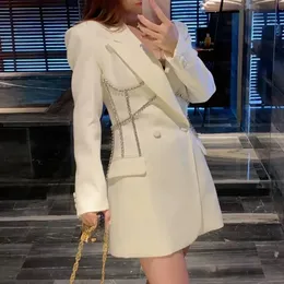 Kadın takımları blazers bahar kadınlar lüks rhinestone dekorasyon blazer kore tarzı midi takım elbise ceket moda bel elbise 231025