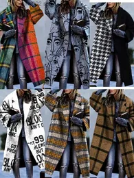 Women's Wool Blends Autumn Winter Women's Turn-Down Collar Long Sleeve Matching Plaid Coat Jacket Casual Printed Woolen Coat Veste Femme Chaqueta T231025