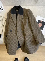 Abiti da donna Blazer UNXX Moda donna Plaid Doppio petto Blazer Cappotto Vintage Manica lunga Tasche con patta Capispalla femminile Chic Femme Giacca 231025