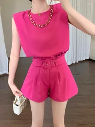 Chándales para mujer Moda para mujer Conjunto de dos piezas de verano informal para mujer Top suelto Conjuntos cortos de cintura alta Fragancia pequeña francesa 2 pantalón