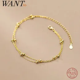 Anklets WantMe 925 Sterling Silver Fashion Double Anklet For Women Summer Beach Charming Minimalist Round Bead Gothic Chain Jewelry 231025