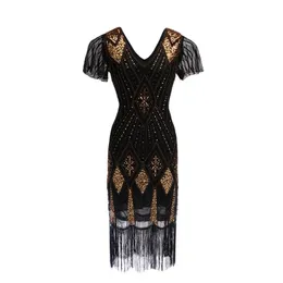 Plus size Dresses Women's 1920s Sequin Beaded Tassels Hem Flapper Dress Short Sleeve Gold Thread Embroidery Fringe Gatsby Party Dress Plus Size 231024