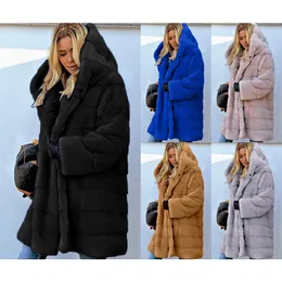 Kadınlar kürk sahte kürk orta uzunlukta düz renkli gevşek peluş kapüşonlu ceket taklit kürk sonbahar-kış sıcak ceket