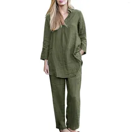 Women's Two Piece Pants Women Fashion Sets With Side Vents Asymmetric Linen Shirts Vintage Long Sleeve Front Buttons Wide Leg Solid