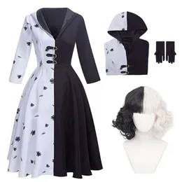 Косплей De Vil, женские костюмы, детский костюм Круэллы, черно-белое платье с капюшоном, бесплатный парик, перчатки, комплект одежды для вечеринки на Хэллоуин, косплей