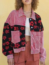 Jaquetas femininas outono veludo jaqueta girassol padrão manga longa lapela botão fechamento bolso casaco shacket outwear