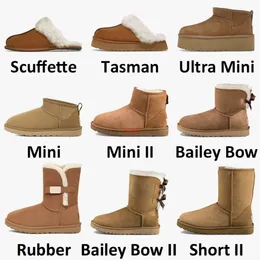 Designer Plataforma Inverno Neve Mulheres Austrália Botas sobre o joelho Pele Fluffy Booties Tornozelo 2 Bowtie Fivela Castanha Preto Ultra Mini Boot Loafer Tamanho 35-41