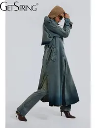 نساء الفراء فو ، GetSpring Women Denim Trench Coat 2023 Autumn Lace Up Windbreaker Fashion All Match Long Jean Overocat 231025