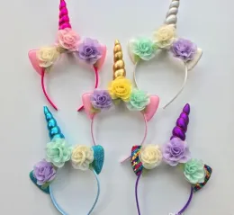 Childrens Headban Glitter Metallic Unicorn Pannband Girls Chiffon Flowers Hårband för barn Leaf Flower Unicorn Horn Party Accessories ZZ