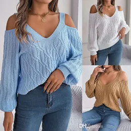 2023 Autumn Winter Sweters Women Casual Solid Kolor Sexy Deep Veck Off Ramper Lantern Sweters Top For Ladies