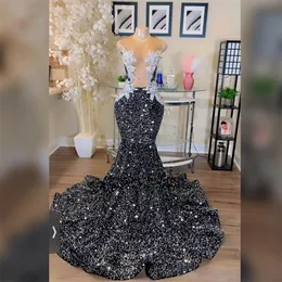 Abiti da ballo lunghi con paillettes e cristalli scintillanti a sirena, abiti eleganti con nappe per abiti da sera speciali per ragazze nere