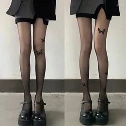Mulheres meias borboleta impressão transparente collants sexy preto fino meia-calça feminina náilon coxa meias altas
