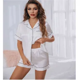 Home Clothing Women's Womens Silk Satin Pajamas Set Short Sleeve Two-piece Pj Sets Sleepwear Loungewear Button-down 230418WX29