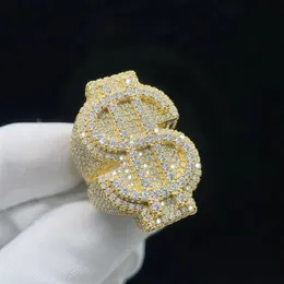 Ожерелья с подвесками в стиле хип-хоп, стерлинговое серебро 925 пробы, полное VVS Муассанит, долларовое кольцо для мужчин и женщин, с покрытием из 16-каратного золота, со льдом, хип-хоп Finger2932