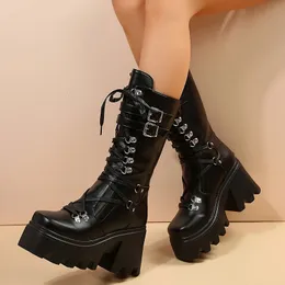 Boots Punk Motorcycle Women Patent Leather Wedges Platform Mid Calf Woman LaceUp Chunky Heel Gothic Botas Mujer 231026