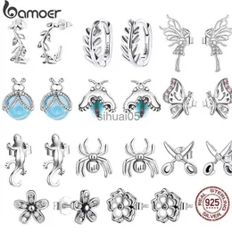 Stud Bamoer Silver Leaf Studs 925 Sterling Delikatne kolczyki dla kobiet stwierdzenie biżuterii kwiat pająka YQ231026