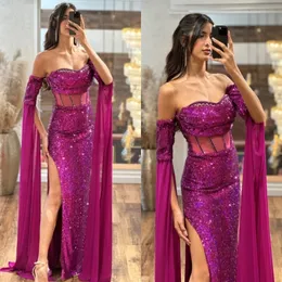 Elegant Rosy Pink Prom Dresses Strapless Sequins Evening Dress Illusion Bodice Pleats Backless Split Formal Long Special Ocn Party Dress