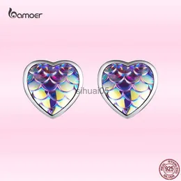 Stud Bamoer Fashion Fish Scale Heart Earrings for Women 925 Sterling Silver Purple Animal Ear Fine Birthday Anniversary Jewelry YQ231026