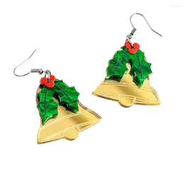 Baumelnde Ohrringe, Weihnachtsbaum, Blätter, Beeren, Acryl-Anhänger für Frauen, goldfarben, Spiegel, klirrende Glocke, Tropfen-Ohrring, Weihnachtsschmuck