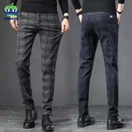 Men's Pants Autumn Winter England Plaid Work Stretch Pants Men Business Fashion Slim Thick Grey Blue Casual Pant Male Brand Trousers 38 231026