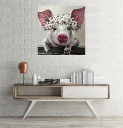 Prints Pictures Home Decor 1 Piece Bristle Pig Wearing Wreath Canvas Bristle With Flower Crown Painting Bathroom Wall Art Poster T9218305