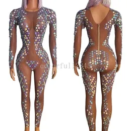 Stage Wear Shiny Colored Shell Rhinestones Jumpsuit Sexy Mesh Perspective Outfit Women Dj Party Clothing Drag Queen Costume