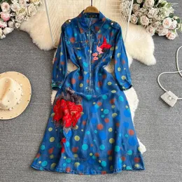 Vestidos informales JAMERARY Runway Otoño Colorido Vestido de lunares Mujer Manga Flor Pájaro Bordado Denim Jean Robe Cremallera Una línea Fiesta