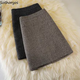 Skirts Houndstooth Thick Women Classic Tender Ladies OL Simple Chic Cozy High Waist Hipskirt Mini Plaid Elegant Fall Winter Ins 231025