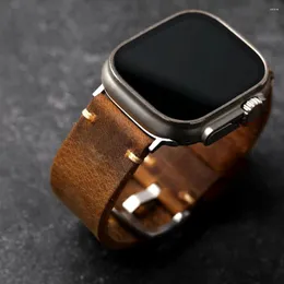 Cinturini per orologi Fatti a mano Strato di testa Cinturino in pelle di vacchetta Colore marrone per Apple Ultra 49MM 42MM 44MM Addensato da uomo autentico