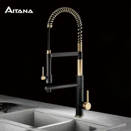 Kitchen Faucets Luxury black brass kitchen faucet with magnetic suction PullOut design Two handles Dual control of and cold 2function Tap 231026