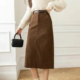 Kjolar kvinnor koreanska midcalf höst mode casual hög midja aline kjol damer smala streetwear paket höft kvinnlig 231025