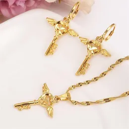 Fashion Necklace Earring Set Women Party Gift Solid Fine Gold GF key pattern wing Necklace Earrings Jewelry Sets girls300Z