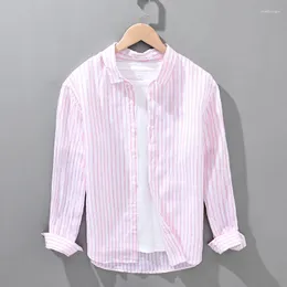 Men's Casual Shirts Striped Long Sleeve Shirt For Men Pure Linen Breathable Man Pink Button-up Tops