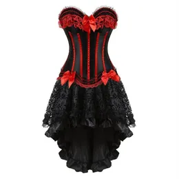 Espartilhos vestido com saia conjunto irregular trajes burlescos vintage listrado rendas até espartilho bustier tanque feminino cosplay plus size259g