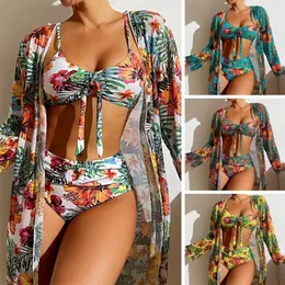 Damen-Bademode Est Sexy hoch taillierter Bikini dreiteiliger Badeanzug mit Blumenmuster und langärmliger Bluse aus Netzstoff für