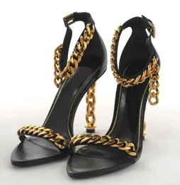 Women Chain heels TF Sandal fords shoes calf patent leathers ankle chain strap padlock naked pointy toe gold white black woman high heel pumps