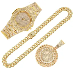 Zegarki damskie 2pcs/Set Out Out Watches Naszyjnik AAA Rhinestone 13 mm Pełne Miami Curb Cuban Cuban Cuban Chz Gold Gold Watch For Men Jewelry Clock 231025