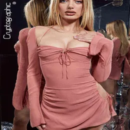 Cryptographic Elegant Baby Pink Cutout Halter Mini Dress for Women 2022 Club Party Sexy Drawstring Mesh Ruched Dresses Clothes Y222359