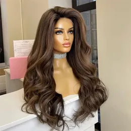 Peruansk mjukt hår brun markerad kroppsvåg spets front peruk 360 full spets frontala peruk 200 densitet syntetisk spets front peruk för kvinnor