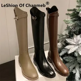 Boots LeShion Of Chanmeb Luxury Brand Women Genuine Leather Riding Boot Kneehigh Equestrian Designer Shark Lock Winter Shoe 3342 231025