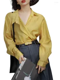 Bluzki damskie Spring Rayon Turn-Down Okoł biuro dama gładka krem ​​przeciwsłoneczna szeroka koszula Solidna design sens Temperament koszule
