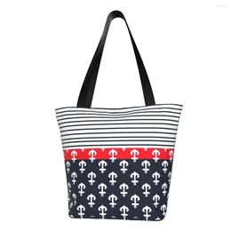 Shopping Bags Reusable Nautical Anchor Stripes Bag Women Canvas Shoulder Tote Durable Sailor Sea Style Groceries Shopper