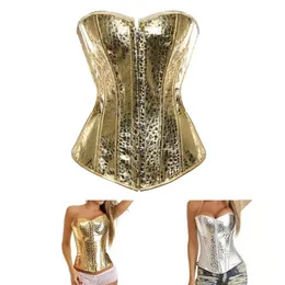 Kvinnor Plus Size S-6XL Fashion PVC Läder Padded Overbust Bustier Zipper Dance Corset Top With Polka Dots Detales Gold Silver 260g