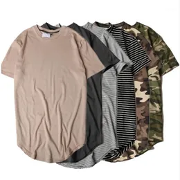 Hi-street Solid Curved Hem T-shirt Men Longline Extended Camouflage Hip Hop Tshirts Urban Kpop Tee Shirts Male Clothing 6 Colors1214L