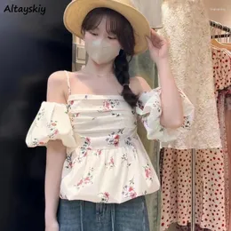 Women's Blouses Women Floral Sweet Tops Off Shoulder Aesthetic French Style Tender Gentle Maiden Fashion Streetwear Girlish Summer Basic